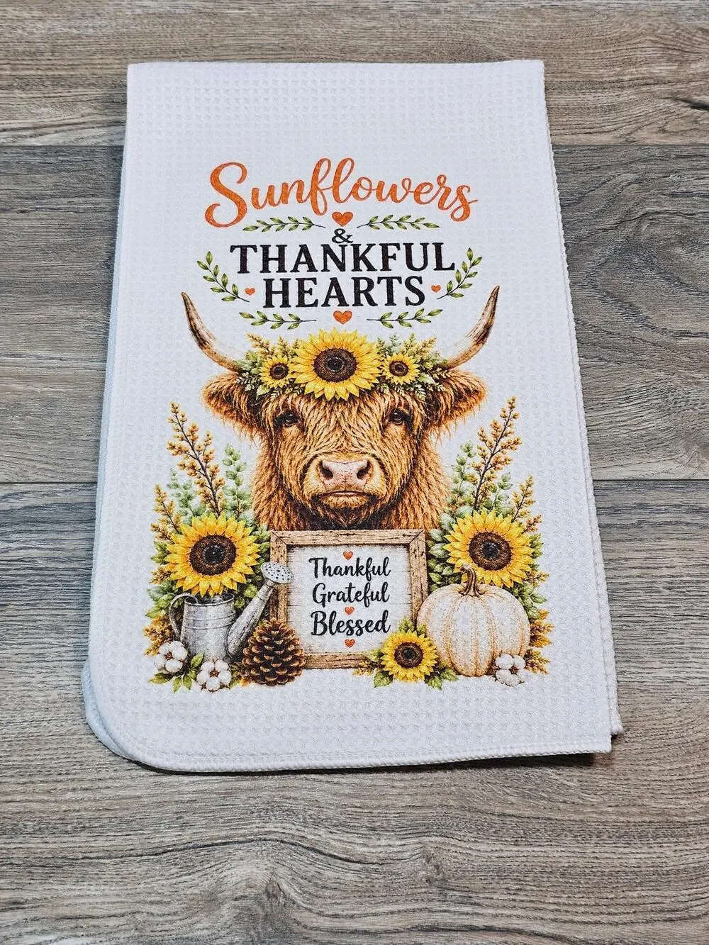 Highland Cow Thanksgiving Kitchen Towel Sunflower Thankful Fall Decor